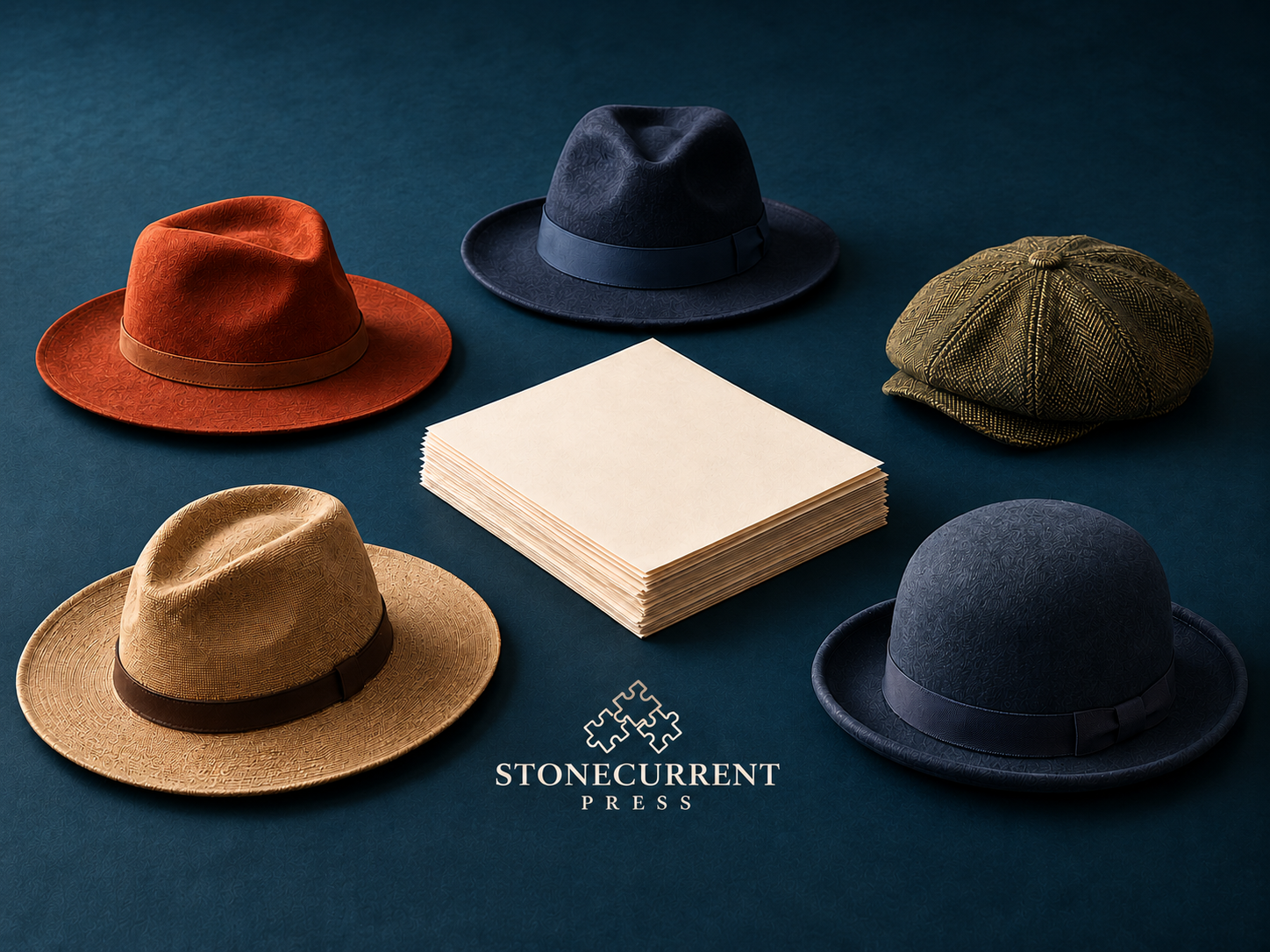 Five hats arranged around a manuscript, representing five publishing perspectives